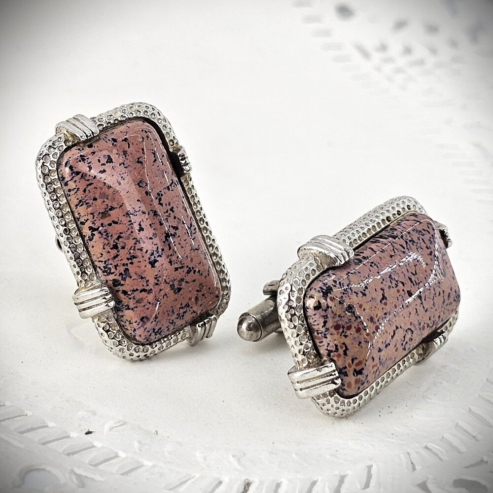 Vintage MCM 50s Big Pink Black Art Glass Cabochon Silver Tone Cufflinks